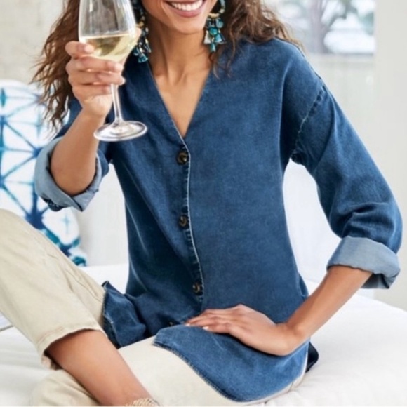 SOFT SURROUNDINGS Chambray Button-Up Blouse Medium V-Neck 3/4 Sleeve Tencel Blue - Picture 1 of 11